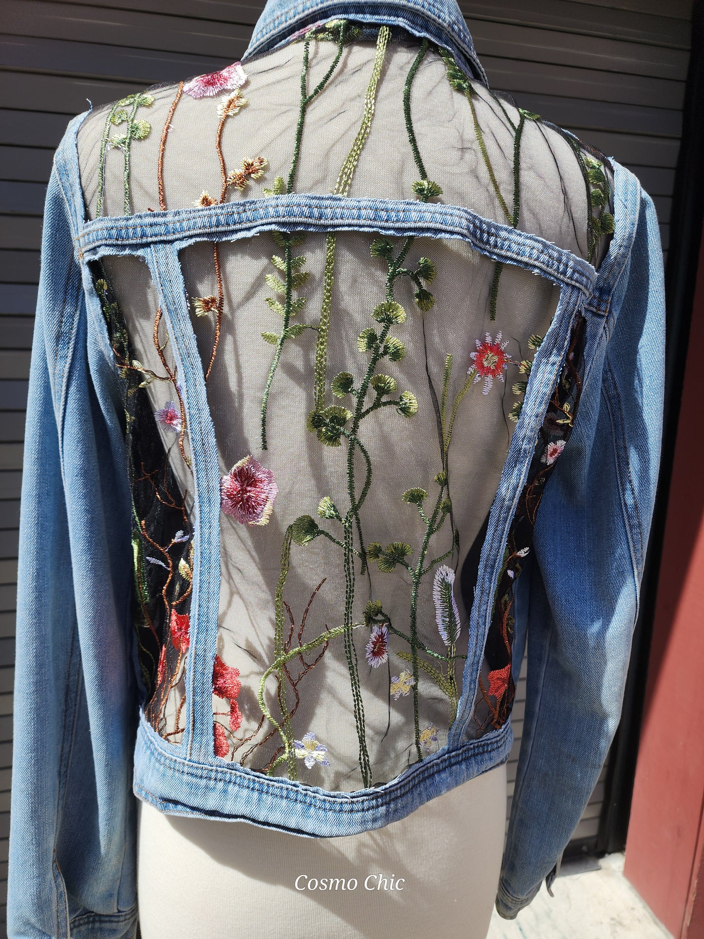 Upcycled Denim Jacket with black floral lace