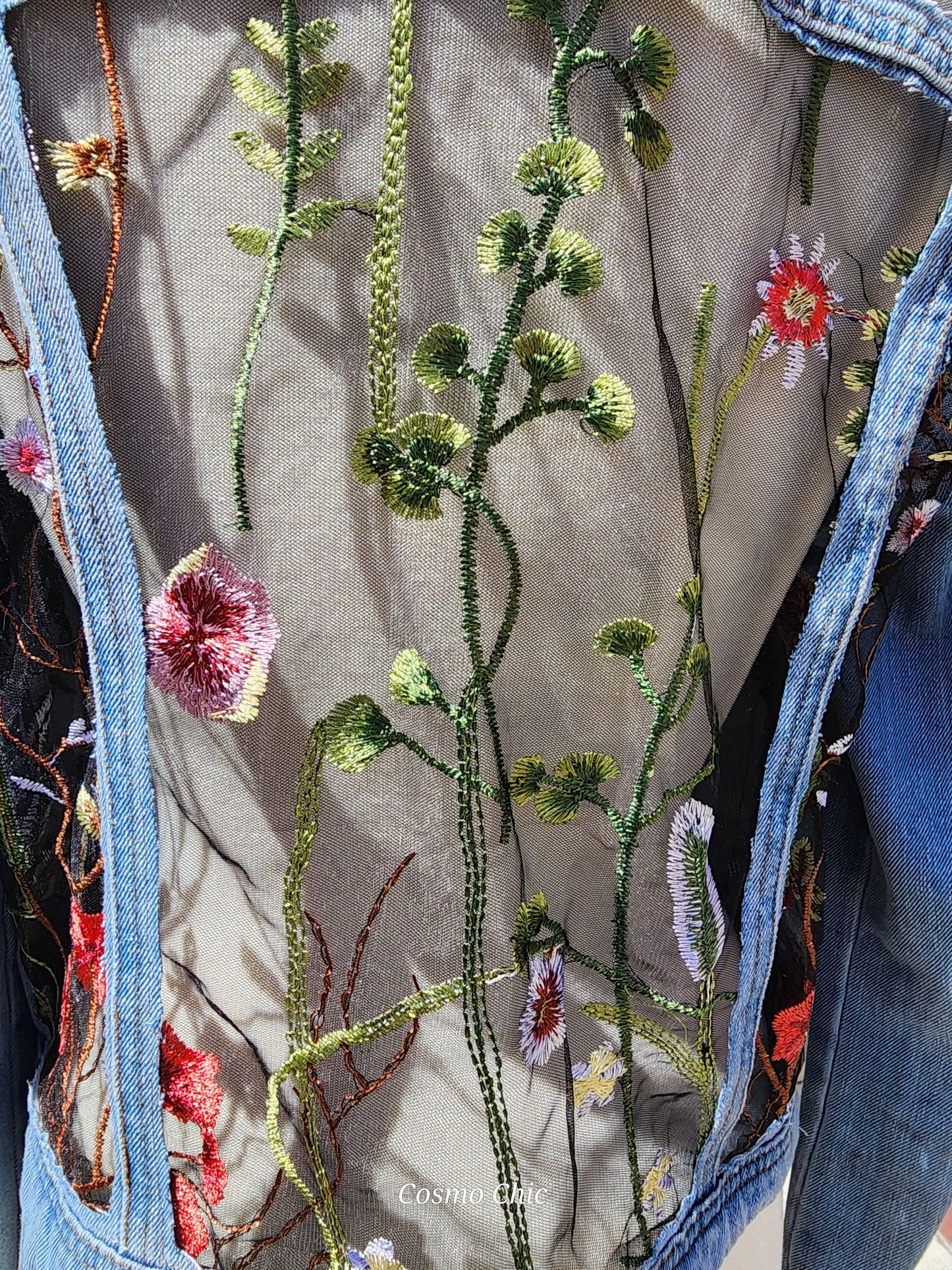 Upcycled Denim Jacket with black floral lace