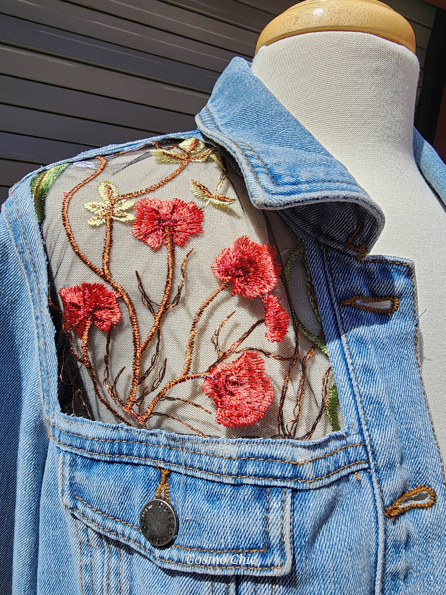 Upcycled Denim Jacket with black floral lace