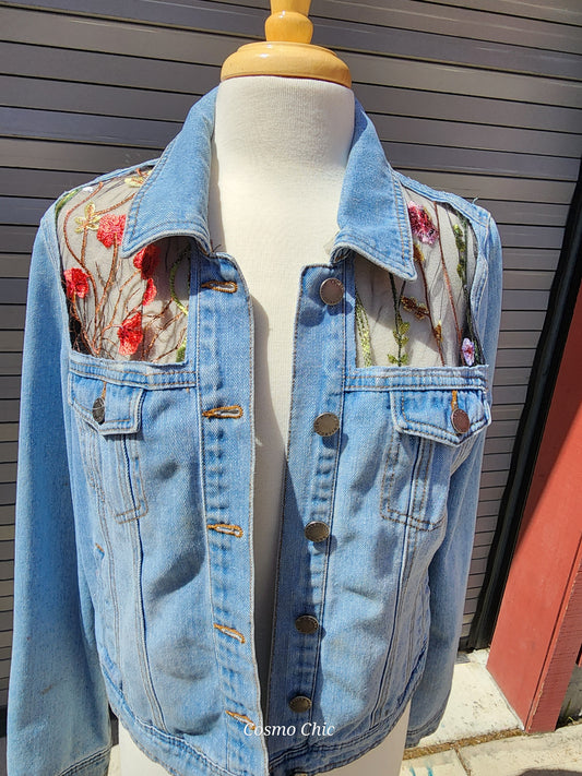 Upcycled Denim Jacket with black floral lace